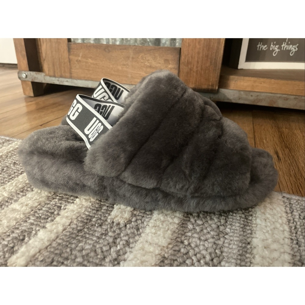 UGG Fluff Yeah Women's Gray Shearling Fur Lined Slide Slipper Open Toe US 7